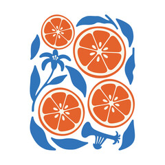 Abstract orange fruit slices with blue leaves botanical pattern illustration