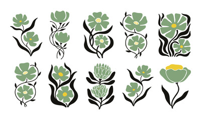 Hand drawn minimalist green floral elements collection set isolated on white