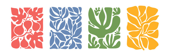 Minimalist colorful botanical leaf and flower abstract art prints set