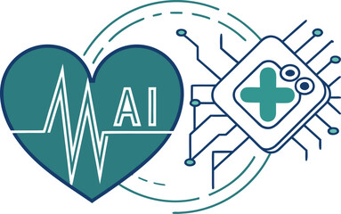 AI Healthcare Monitoring Icon with Digital Heart, ECG Pulse, and Neural Circuit Technology