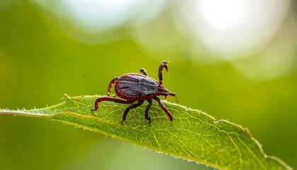 Macro shot of a tick on a green leaf, blurred background