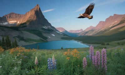 Obraz premium Majestic eagle soars above a pristine lake surrounded by mountains and wildflowers