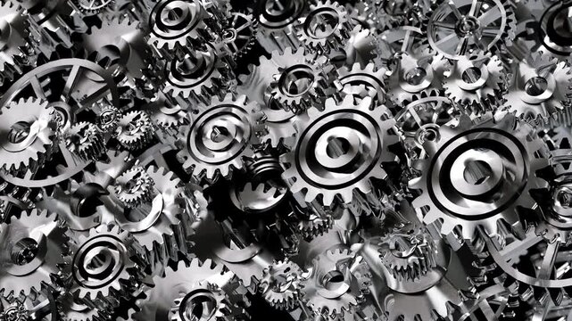 3D animation of interlocking rotating metal gears and cogs. Mechanical motion, engineering system, automation, and industry technology concept background