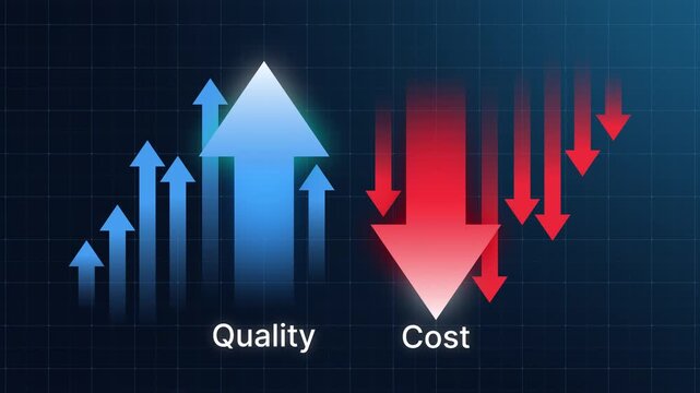 Cost reduction and quality control concept. Up arrow  quality and down arrow cost showing increasing quality and reduce cost. Successful business strategy and project management. 4K animation 