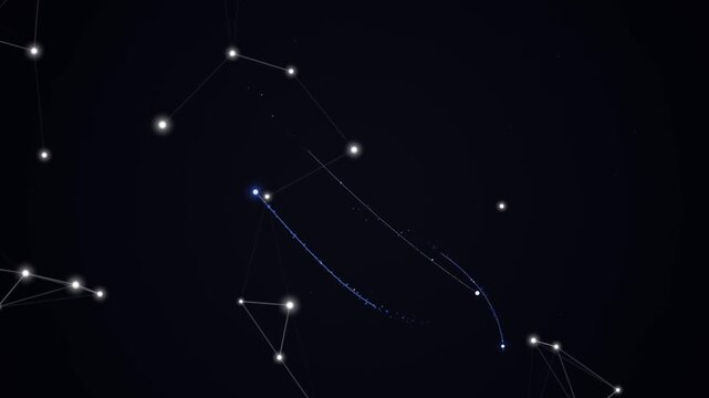 An abstract minimalist depiction of a constellation in the night sky, showcasing a connected line pattern between stars. Ideal for astronomy, science, and minimalist design projects.