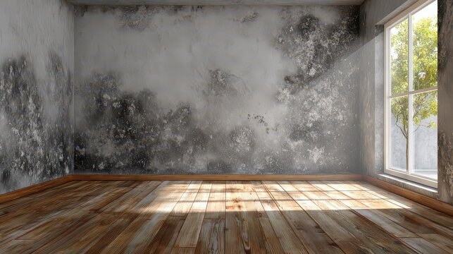 Mold Infested Interior with Textured Gray Walls Weathered Wood Floor Illuminated by Natural Light Through Window in Neglected Home Interior Sunlight Streaks