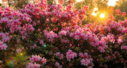 Fototapeta premium Sunlit, close-up of vibrant pink flowering bush with sunlight backlighting the flowers