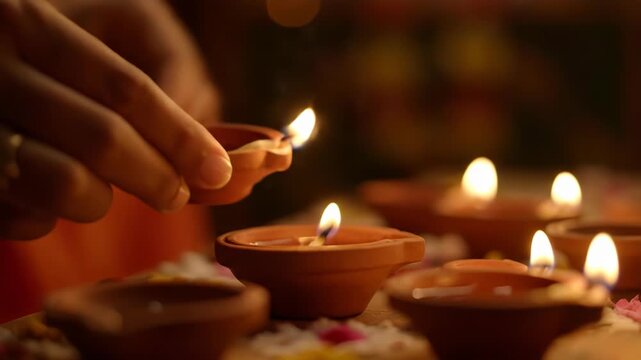 A hand lighting a traditional clay diya lamp with other lit diyas in the background for diwali celebration 4k video