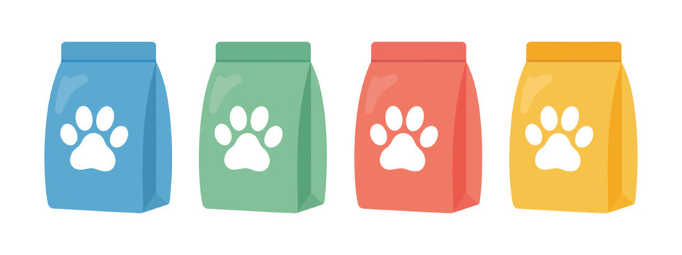 Colorful Dog Food Bags, vibrant pet food packaging vectors, bag designs for dog nutrition, pet store branding, and animal care illustrations.