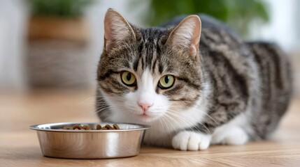 Fototapeta premium Tabby cat staring at its food bowl, waiting for mealtime