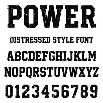 Distressed black varsity font alphabet and numbers