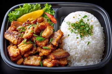 Fototapeta premium Asian pork belly meal with white rice in bento box