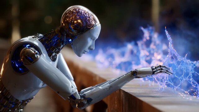 A futuristic humanoid robot gazes intently at an ethereal display of energy, reflecting on the intersection of technology and human-like emotions in a captivating scene.