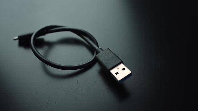 Macro close-up of a coiled black USB cable with USB-A connector on a dark desk, shallow depth of field and copy space for tech, office, and connectivity b-roll.
