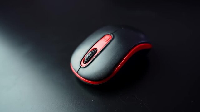 Close-up of black and red wireless computer mouse on dark tabletop with shallow depth of field and copy space, perfect for office, tech, and productivity b-roll.