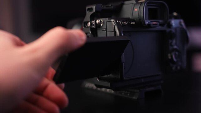 Hand rotates flip-out touchscreen on mirrorless camera, adjusting angle for vlogging and filmmaking in studio light with shallow depth of field.
