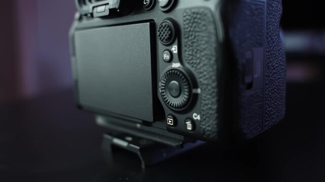 Close-up of a mirrorless camera mounted on a tripod with the LCD screen flipped outward toward the viewer in a studio environment, showcasing filming setup and content creation workflow.
