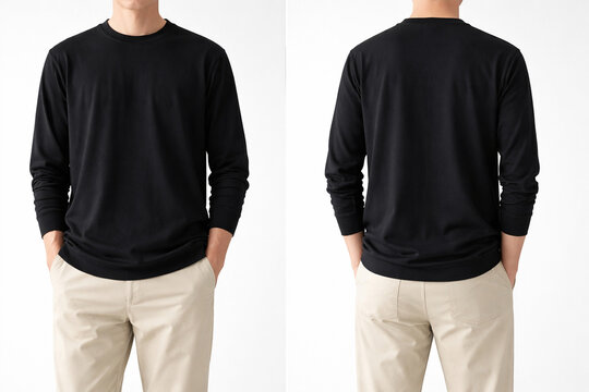 Model with black long sleeve t-shirt mockup design front and back