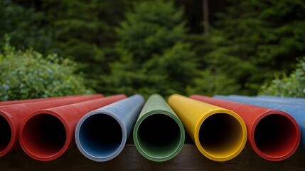 A row of colorful industrial pipes   red blue green and yellow   arranged on a wooden surface against a blurred natural forest backdrop