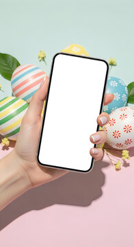 A hand holding a phone with easter eggs in the background