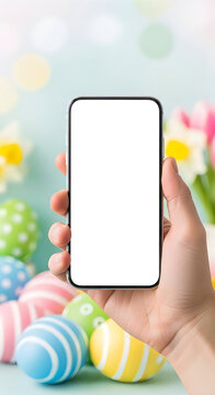 Hand holding phone with easter eggs and flowers in background