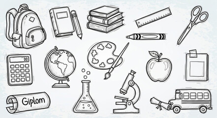 Obraz premium Collection of hand-drawn school supplies and educational items.