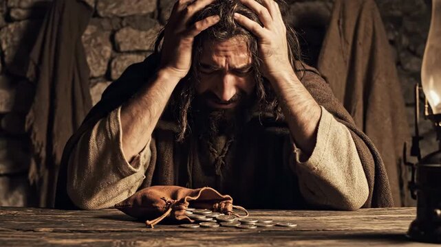 Bearded Man Distraught Over Silver Coins, Cloaked Figure In Stone Chamber, Leather Pouch Spilled Across Wooden Table, Lamplight Casting Warm Shadow, Hands Tangled In Hair, Face Twisted With Guilt.
