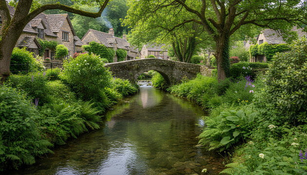 Picturesque English Cotswold Village With Historic Stone Bridge Over Stream