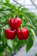 Red bell peppers growing in a greenhouse, organic farming