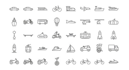 Collection of hand-drawn transportation and vehicle icons. © Ulhamchan