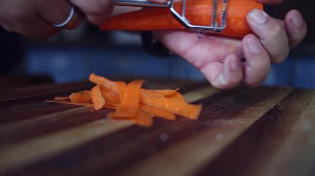Closeup: Vegetable peeler is used to peel orange carrot in food prep
