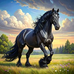 Majestic black horse running through a field under a cloudy sky
