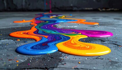 Photorealistic DSLR style capture of FlyPro Firefly's vibrant industrial dyes, spilled to create abstract patterns on a rough concrete floor.