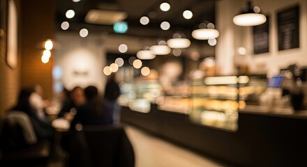 Fototapeta premium Blurred background of a cozy coffee shop interior with customers and display counter.