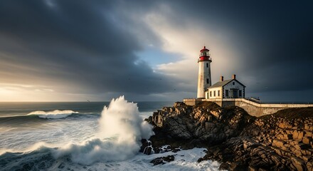 Obraz premium Lighthouse on Rocky Coastline with Stormy Weather.