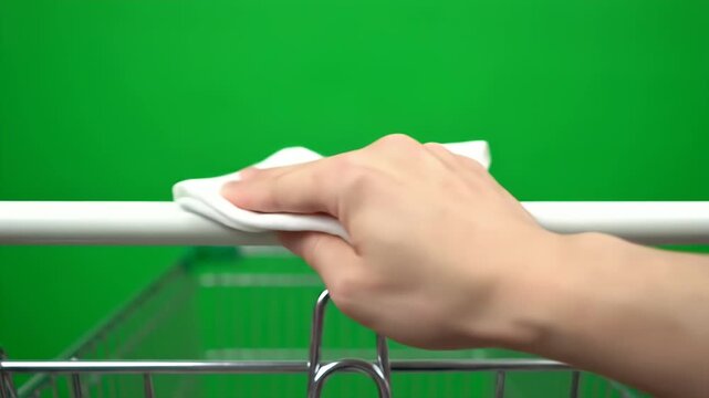 Hand Wiping Metal Bar of a Shopping Cart with White Cloth on a Green Screen Background for