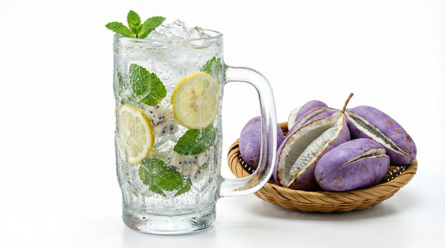 Refreshing Akebi Fruit Mojito Cocktail with Fresh Mint, Lemon Slices, and Ice Cubes in a Glass Mug, Exotic Japanese Purple Fruit Akebia Quinata in a Wicker Basket, Isolated on White Background.