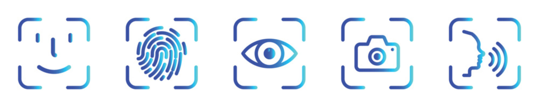 biometric scan icon set with face recognition, fingerprint, eye, camera and voice authentication symbols. Security, detection, body analysis symbols. vector illustration on transparent background.