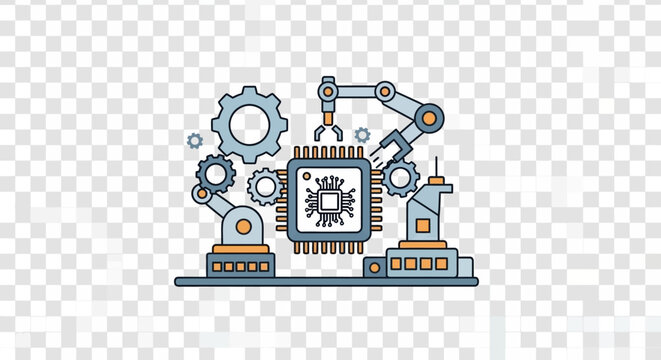Automated Microchip Manufacturing Process with Robotic Arms and Gears.
