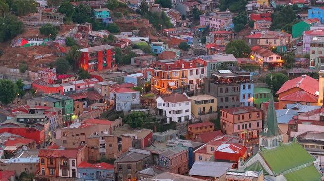 Aerial Establishing Concepci&oacute;n Hill Historic Neighborhoods with Pante&oacute;n in Valpara&iacute;so Chile, Cerro Alegre