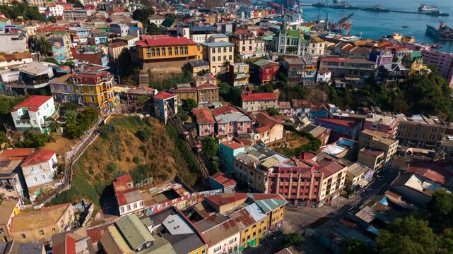 Aerial Hyperlapse of Ascensor Reina Victoria, Paseo Dimalow in Valparaiso Chile at Concepcion Hill