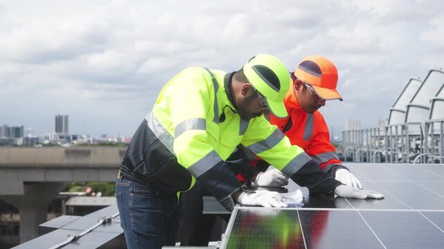 Two technicians in high-visibility uniforms examine and align solar panels on a rooftop, using blueprints and tools for proper setup.