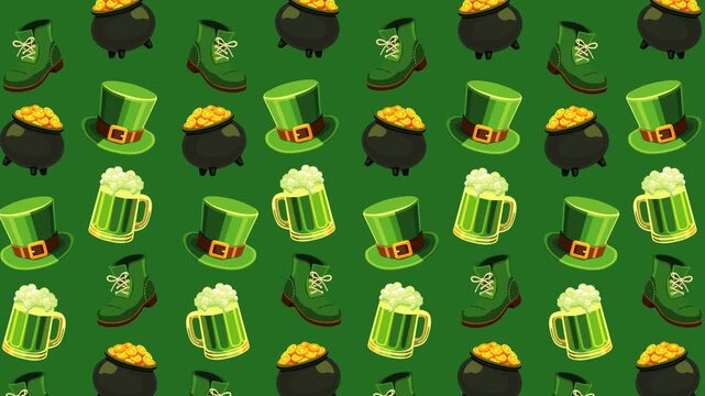 Seamless looping footage with repeating St Patrick&rsquo;s Day icons on a rich green background, featuring hats, boots, beer mugs, and pots of gold, perfect for festive holidays, Irish themes