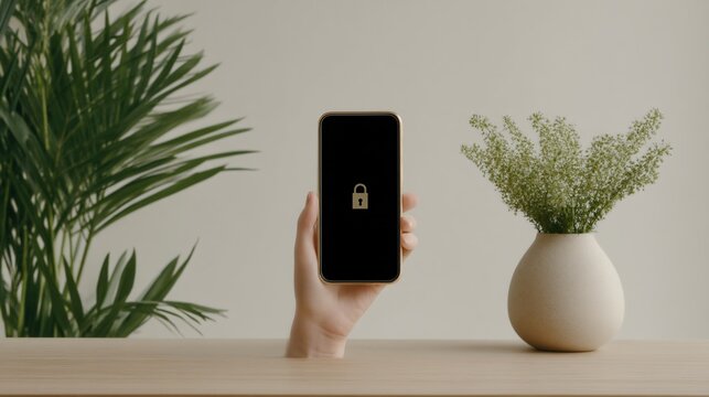 hands holding smartphone with strong password generator UI, clean modern tech lifestyle shot