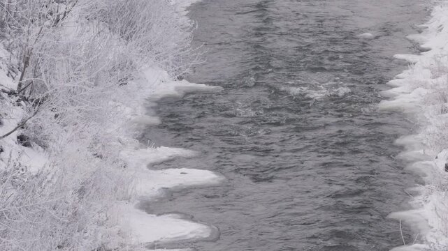 Frozen riverbanks with flowing winter stream