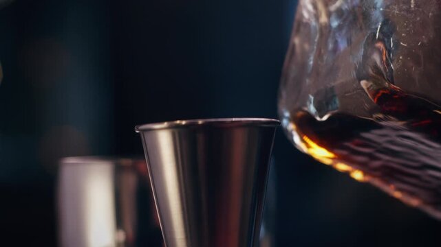 Close-up of dark alcohol being poured into a metal jigger in a dimly lit cocktail bar.