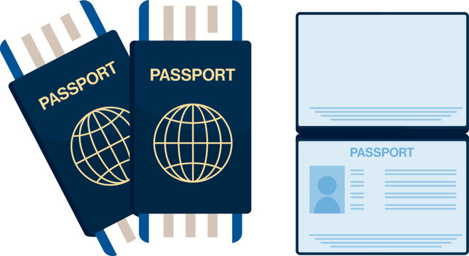 Illustration of a passport with one open passport in blue and white.