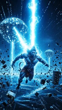 Powerful blue deity flies between futuristic digital spheres in space