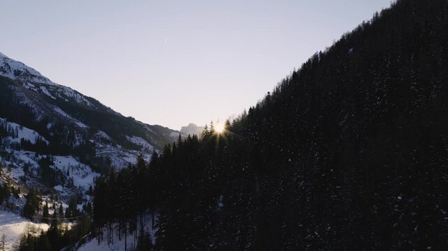 Sunlight Over Fodom Valley In The Village Of Arabba, Popular Resort In The Italian Dolomites. Aerial Shot