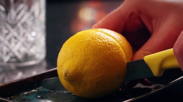 Close up of bartender slicing fresh lemon for cocktail preparation at bar.